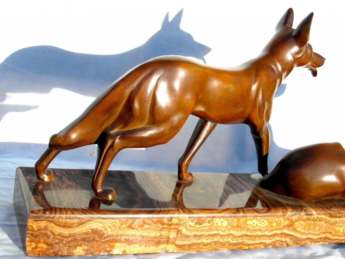 Beautiful Art-deco Set In Bronze "dogs Aux Aguets" By Michel Decoux, 60 Cm, Era Jouve Bugatti-photo-6