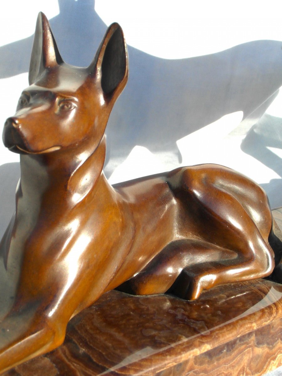 Beautiful Art-deco Set In Bronze "dogs Aux Aguets" By Michel Decoux, 60 Cm, Era Jouve Bugatti