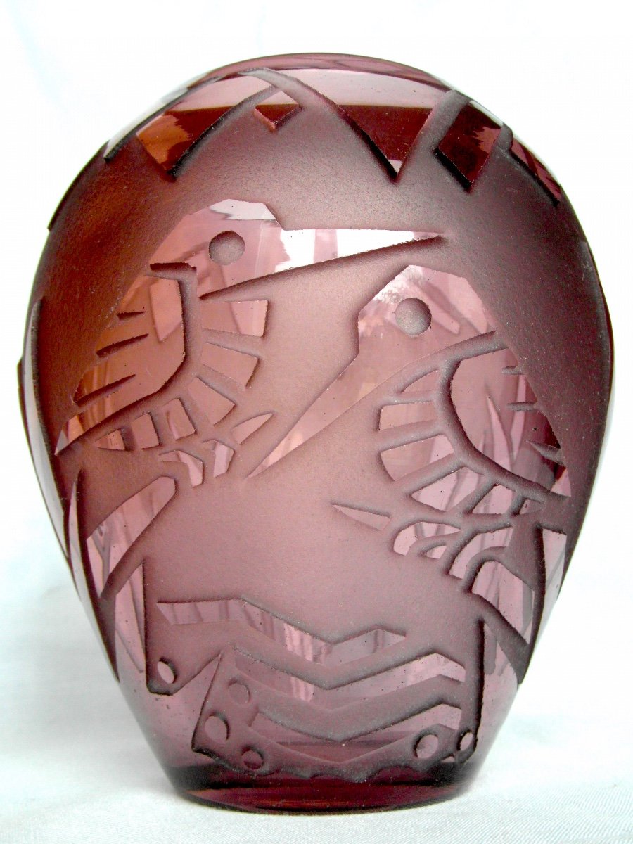 Charmant Vase Art-déco Aux Pinsons Par Muller, Era Daum Galle 1920