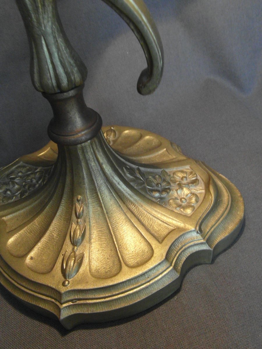 Beautiful Art-deco Lamp, Acid-engraved Daum Tulip, Bronze Base, Era Galle 1920-photo-5
