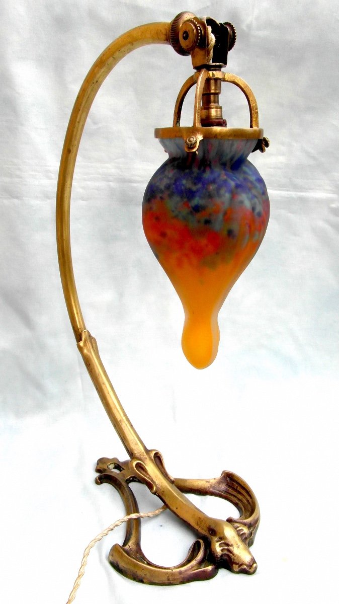 Beautiful Muller Lamp, Tulip "heart Of Mary", Rare Small Button Model, Era Daum Galle 1900-photo-2