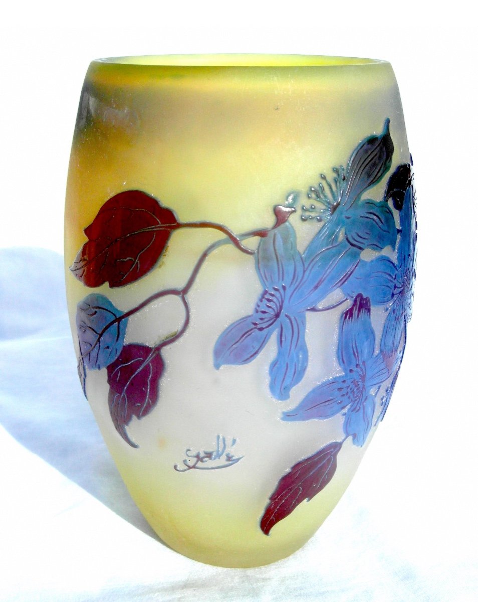 Beautiful Galle Vase With Blue Clematis, Barrel Shape, Era Daum 1900 Art Nouveau-photo-6