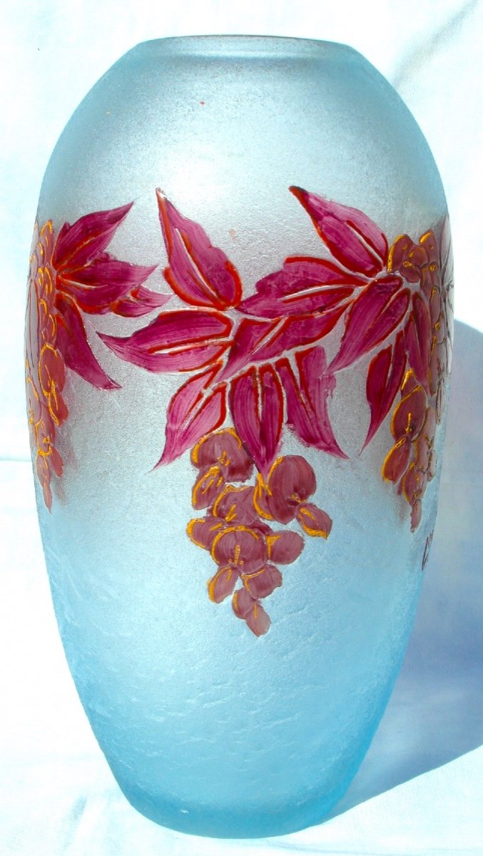 Joli Vase Art-déco à Décor De Glycines Tombantes Par Legras, Era Daum Galle 1920