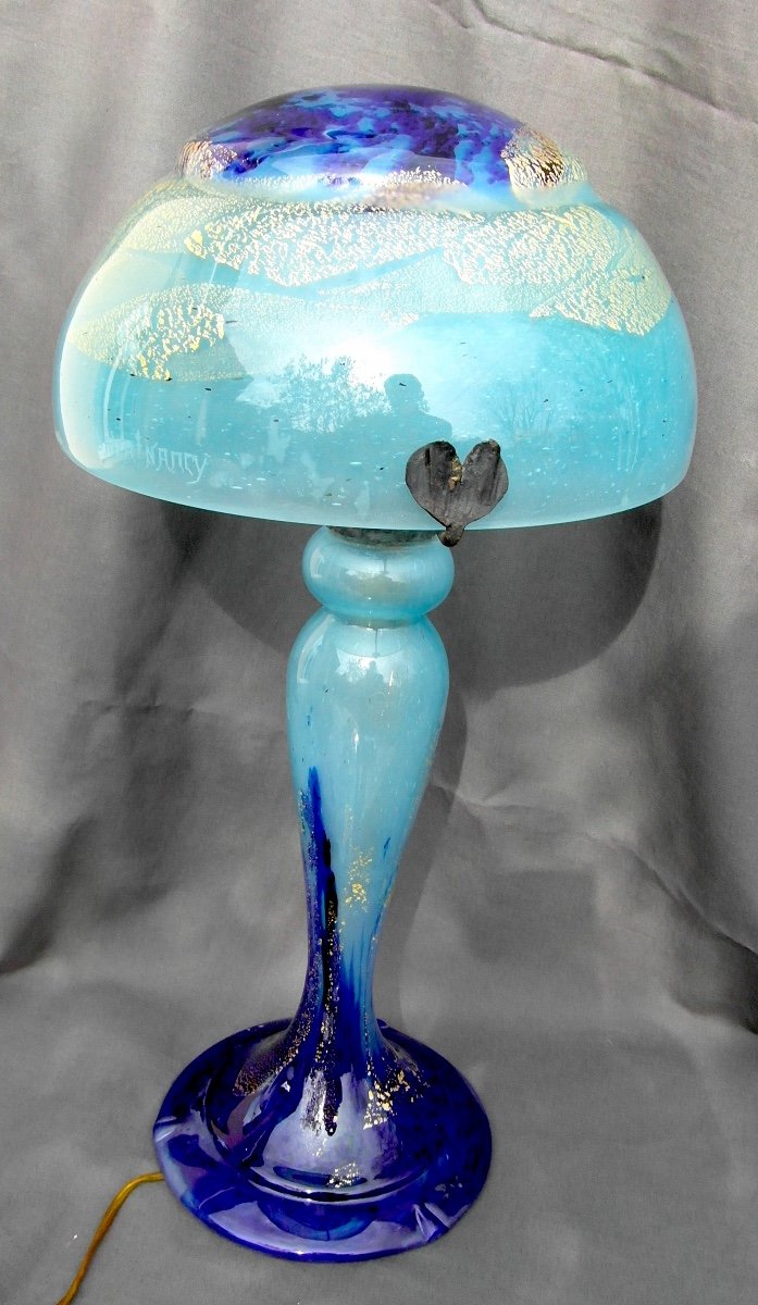  Lampe Champignon Art-déco Daum En Verre De Jade, Parfaite, 47cm, Era Galle 1920