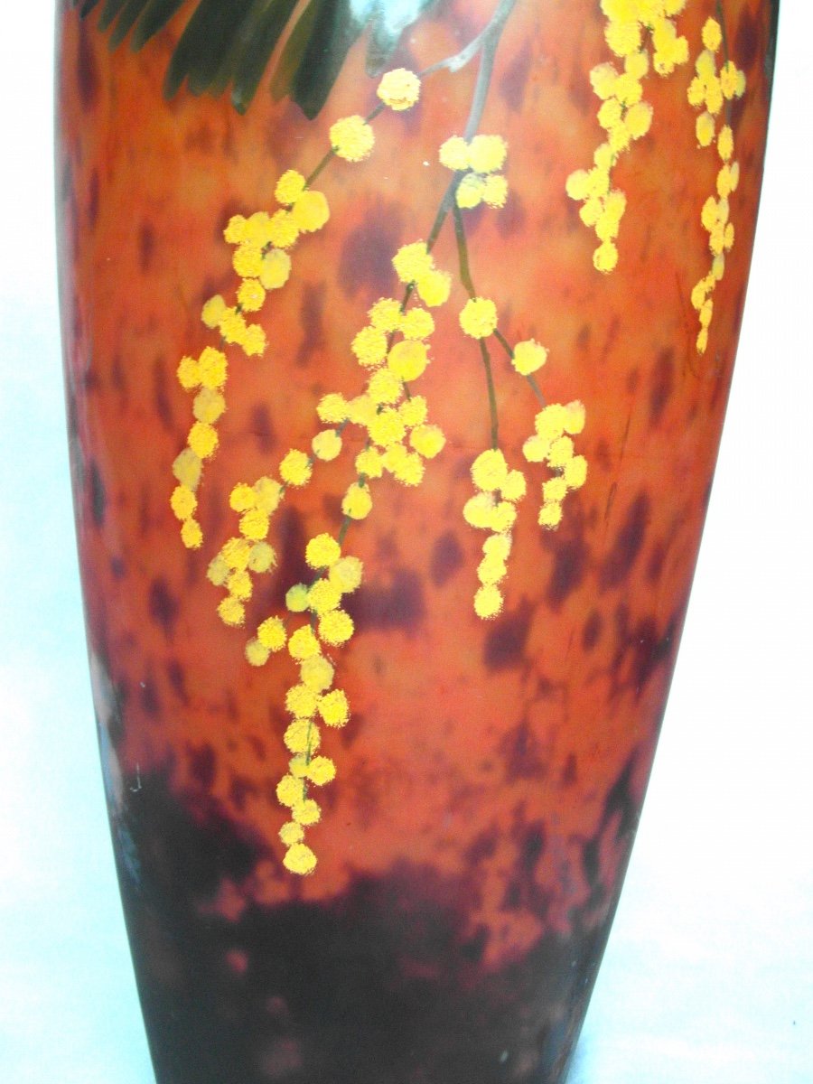 Beautiful Large Daum Vase With Mimosas, Belle Etoile Glassware, Perfect, Era Galle Art-deco Galle 1920-photo-2