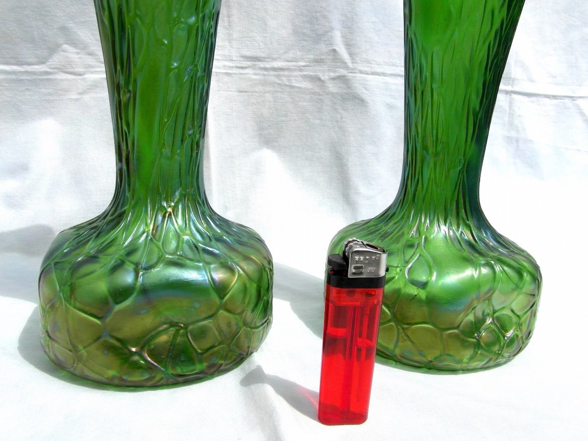 Pretty Pair Of Iridescent Glass Vase 1900 By Wilhelm Kralik, Era Daum Loetz Galle-photo-2