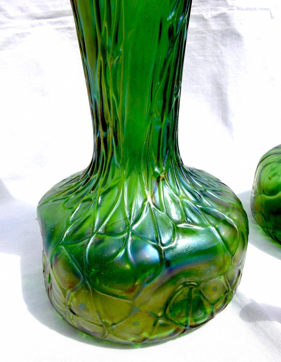 Pretty Pair Of Iridescent Glass Vase 1900 By Wilhelm Kralik, Era Daum Loetz Galle-photo-3