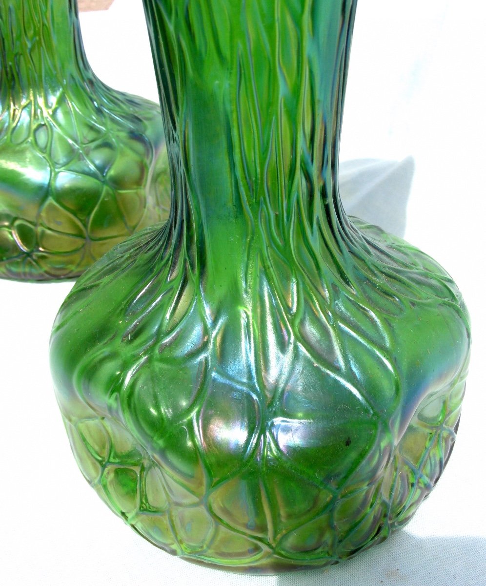 Pretty Pair Of Iridescent Glass Vase 1900 By Wilhelm Kralik, Era Daum Loetz Galle-photo-2