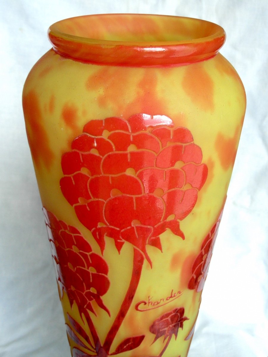 Beautiful Large Vase With Peonies French Glass Charder, 38.5 Cm, Era Daum Galle 1920-photo-2