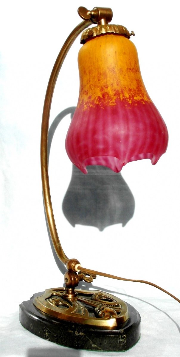  Lampe Daum, Tulipe Filetée Et Tirée à La Pince, Era Galle Cayette 1900-photo-2