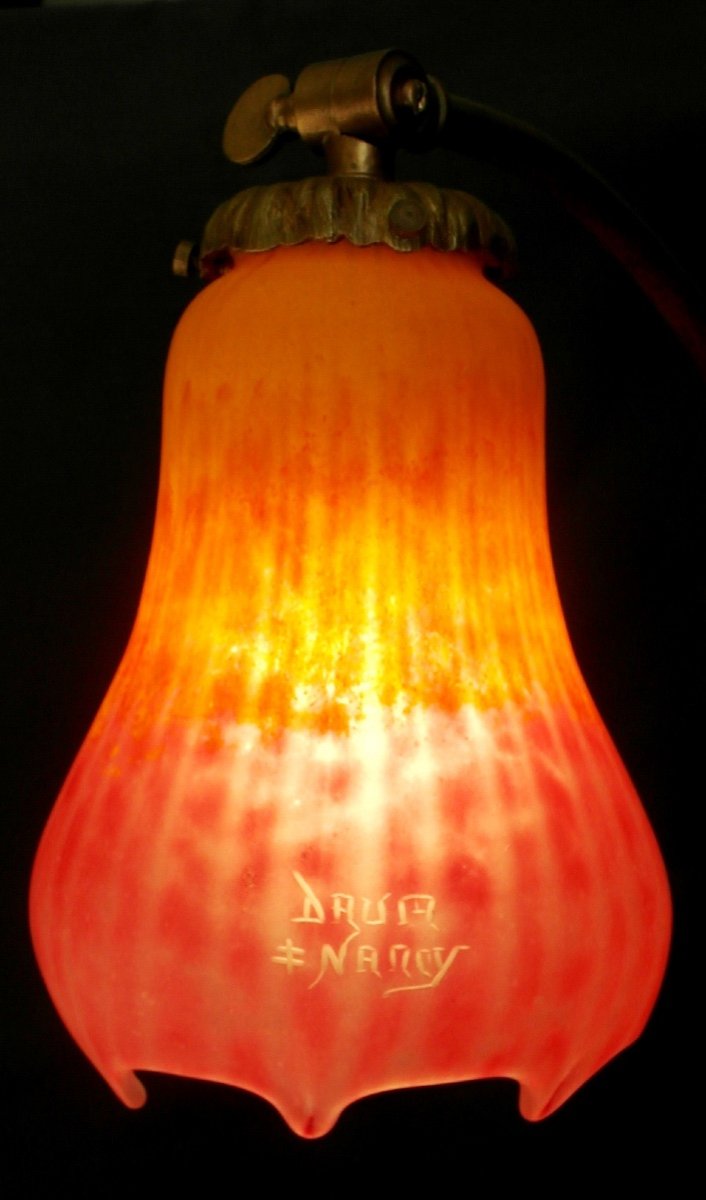  Lampe Daum, Tulipe Filetée Et Tirée à La Pince, Era Galle Cayette 1900-photo-4