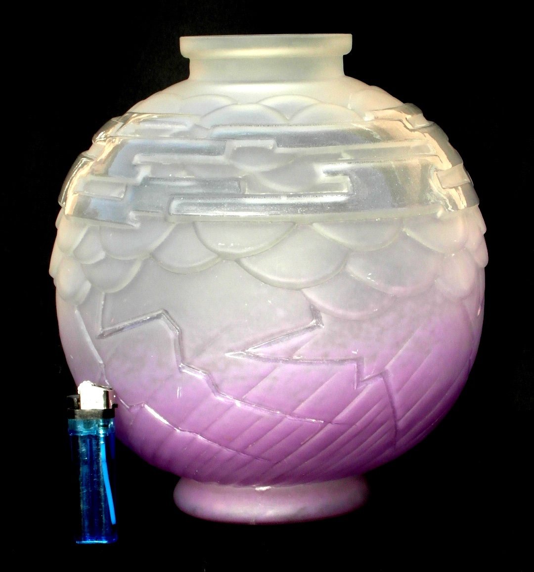 Gros Vase Boule Art-déco Schneider, Parfait, Signé, Rare Modèle Mauve, Era Daum Galle 1920-photo-3