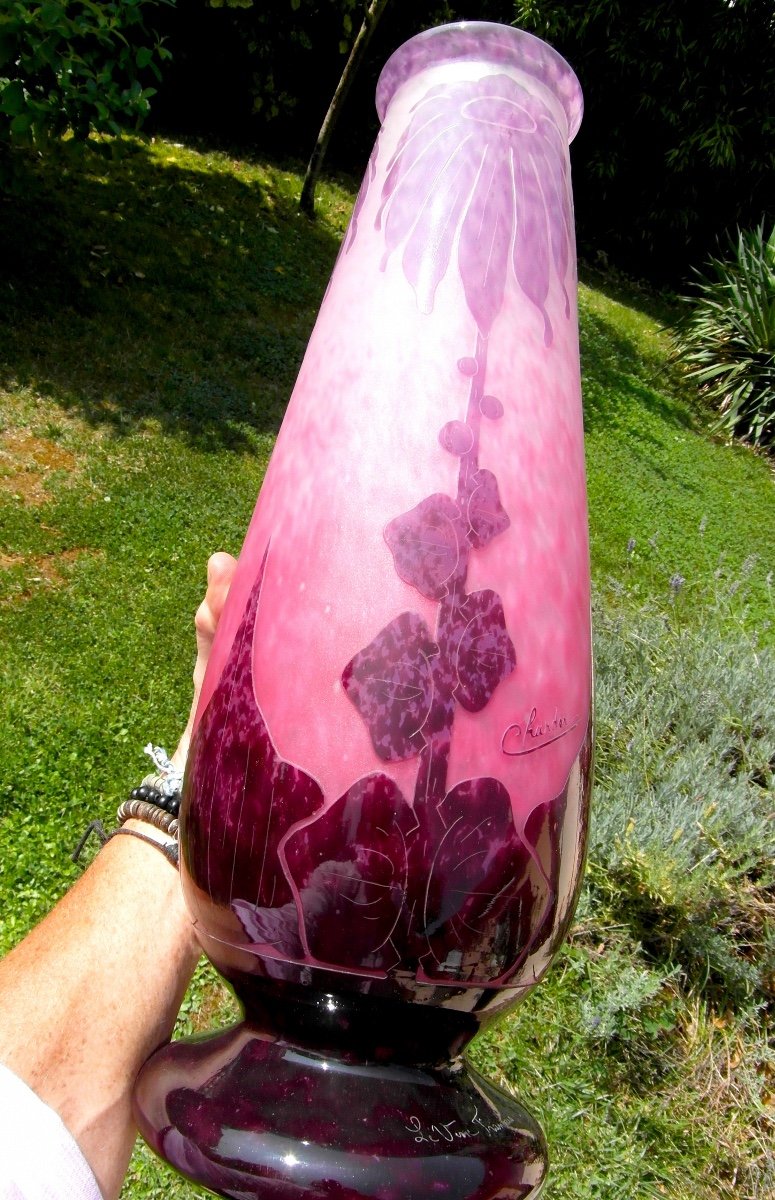 Monumental Vase Le Verre Français, Schneider, "dahlias", 49cm, Perfect, Era Daum Galle 1925-photo-5