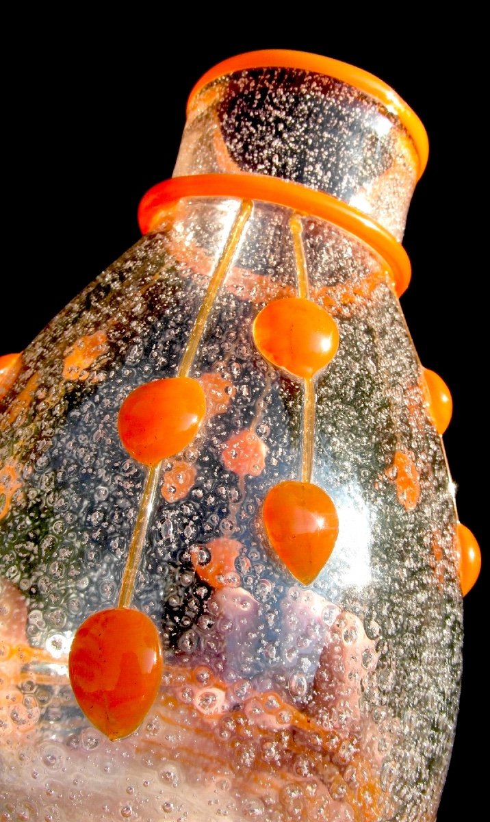 Rare And Interesting Daum Art Deco Vase With Appliques And Bubble Glass, Galle Era 1920-photo-2