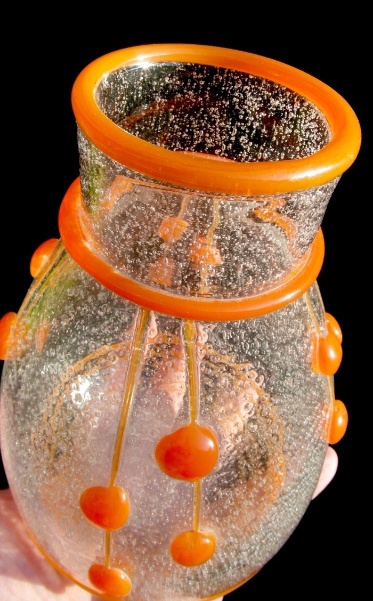 Rare And Interesting Daum Art Deco Vase With Appliques And Bubble Glass, Galle Era 1920-photo-7