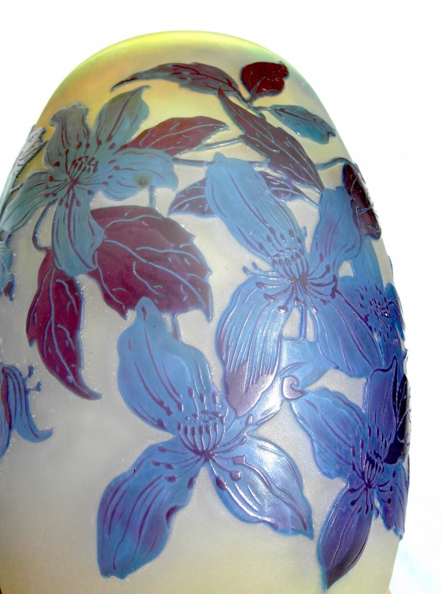 Vase Galle Aux Clématites Bleues, Forme Tonneau, Era Daum 1900 Art-nouveau, Vives Couleurs-photo-2