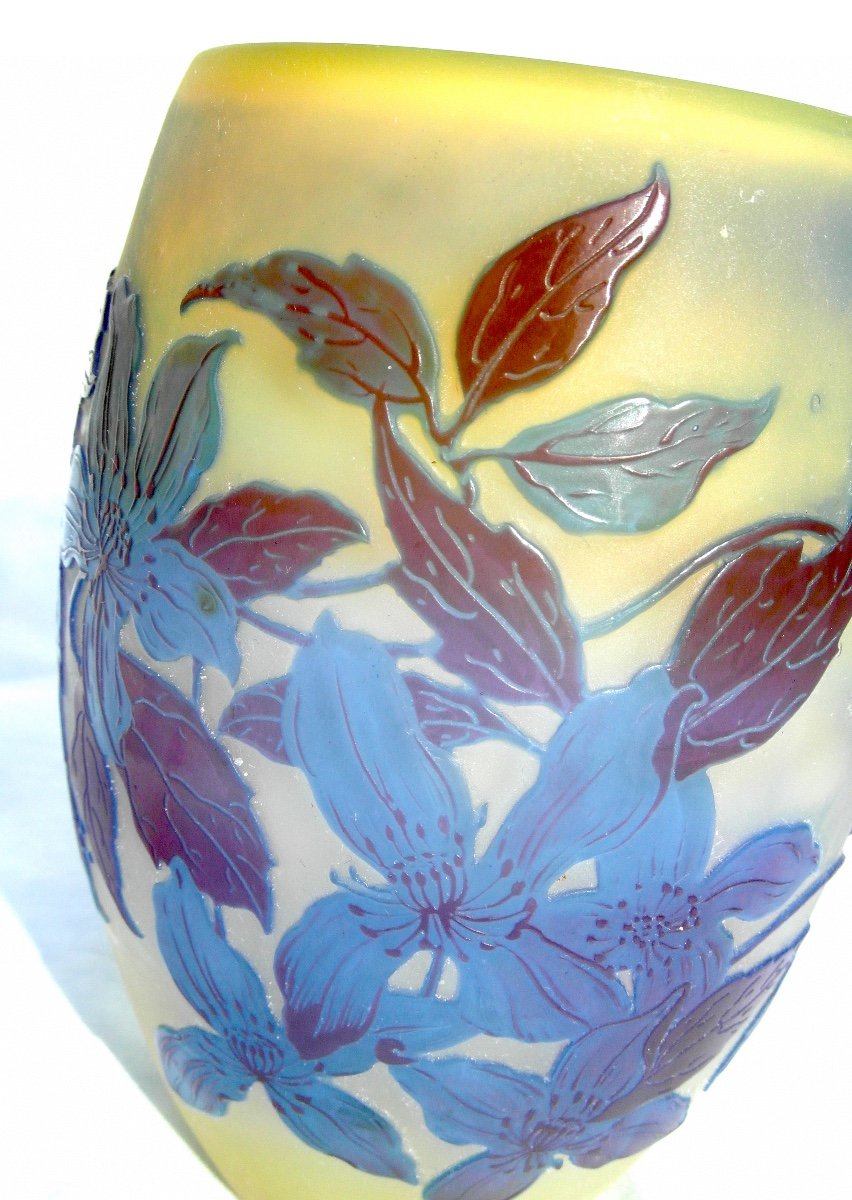 Vase Galle Aux Clématites Bleues, Forme Tonneau, Era Daum 1900 Art-nouveau, Vives Couleurs-photo-3