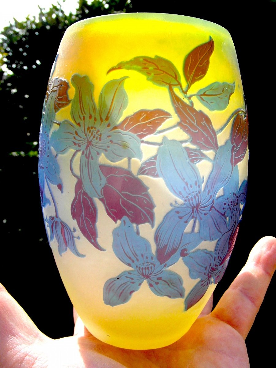 Vase Galle Aux Clématites Bleues, Forme Tonneau, Era Daum 1900 Art-nouveau, Vives Couleurs-photo-4