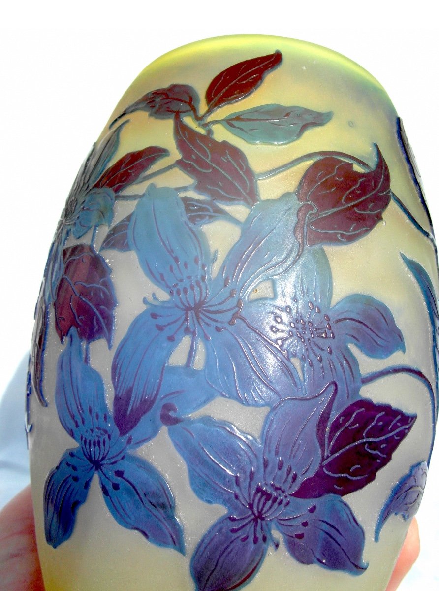 Vase Galle Aux Clématites Bleues, Forme Tonneau, Era Daum 1900 Art-nouveau, Vives Couleurs-photo-2