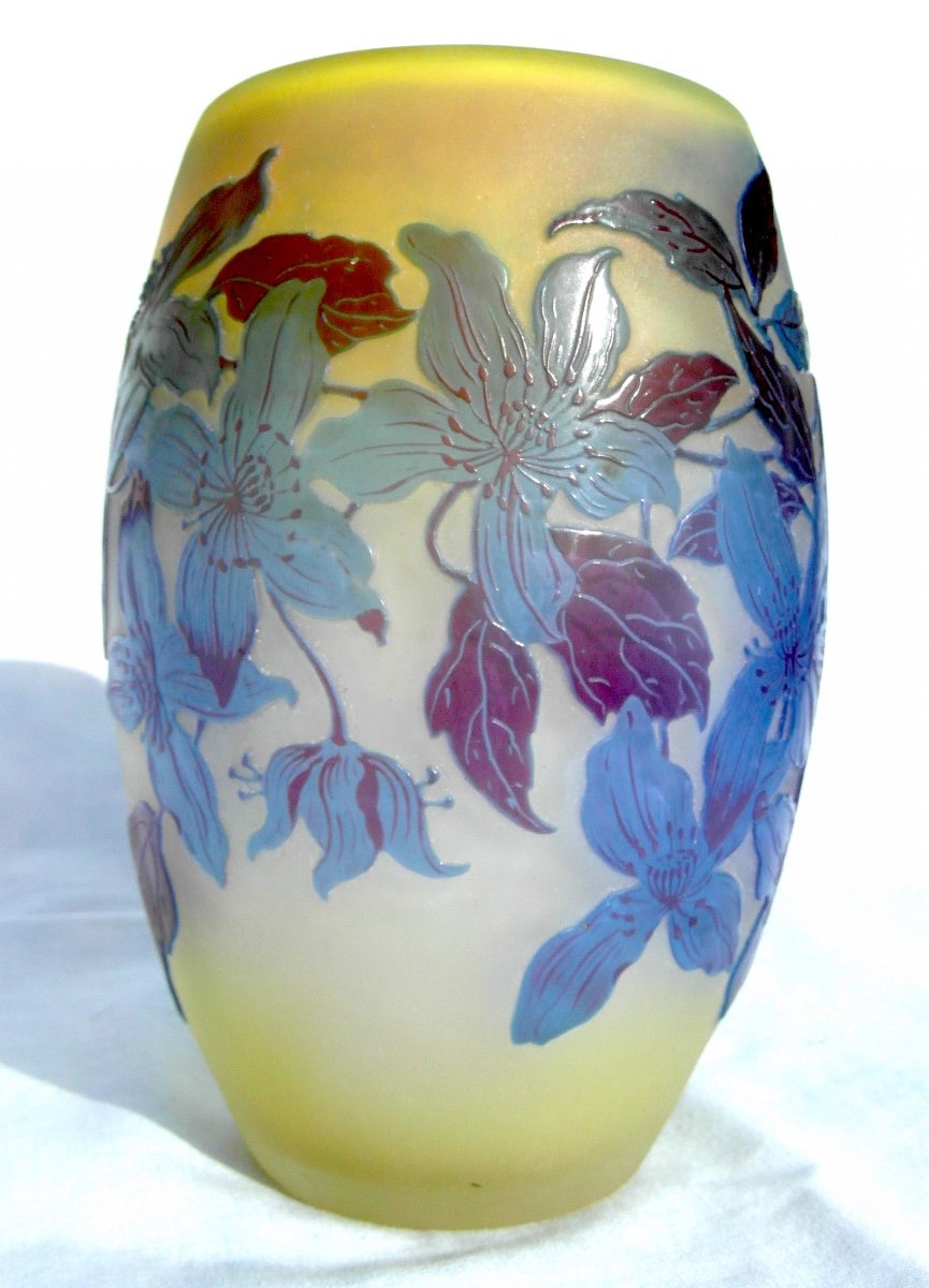 Vase Galle Aux Clématites Bleues, Forme Tonneau, Era Daum 1900 Art-nouveau, Vives Couleurs-photo-3