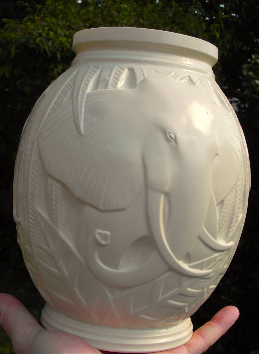 Beautiful Art Deco Vase With Elephants By P. d'Avesn, Daum Galle Era 1920-photo-6