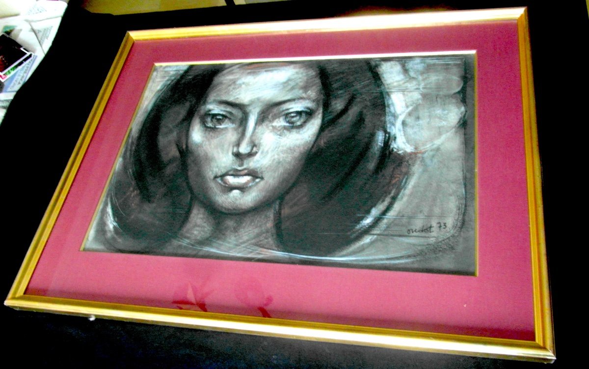 Beautiful Large "face" Painting From The 70s By G. Oudot, 3-chalk Drawing, Bilal Era, Design-photo-2