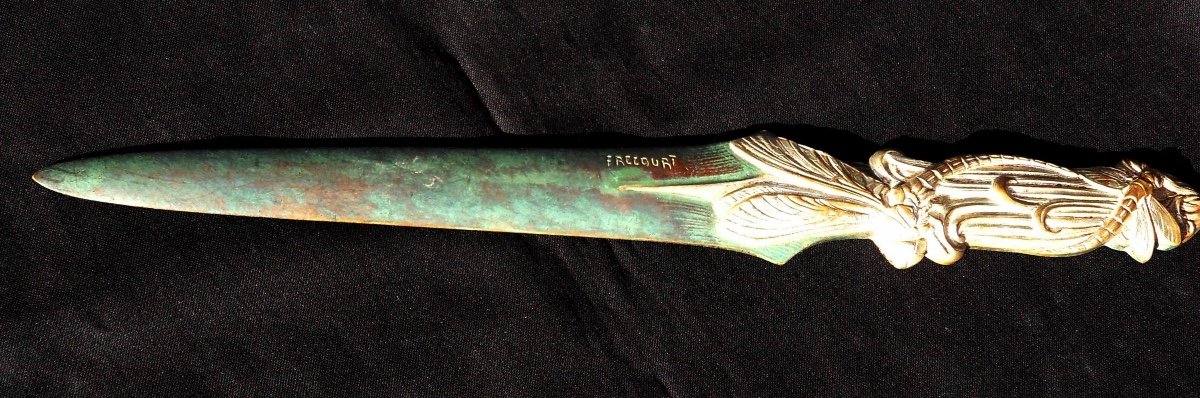 Rare Bronze Letter Opener 2 Patinas With "dragonflies" By Frécourt, 1900s Art Nouveau Galle-photo-2