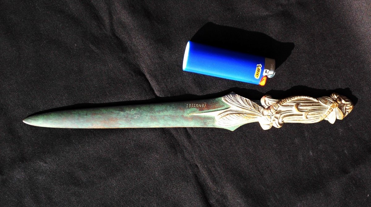 Rare Bronze Letter Opener 2 Patinas With "dragonflies" By Frécourt, 1900s Art Nouveau Galle-photo-1