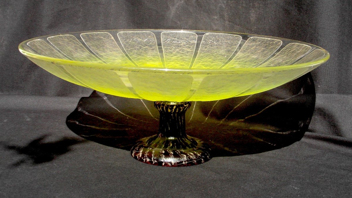 Large Venetian Footed Bowl, Smooth Sides, Schneider, Yellow Powder, 1920, Daum Galle Era-photo-2