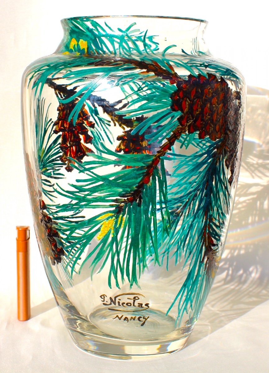 Exceptional Pine Cone Vase, Enameled By The Hand Of Paul Nicolas, Daum Galle Era-photo-2