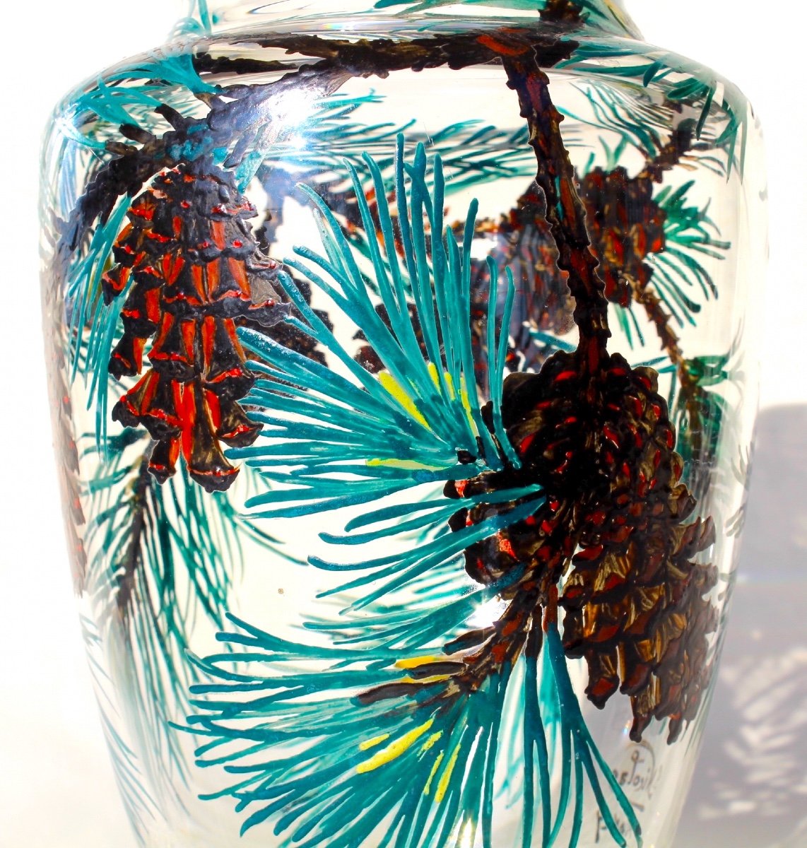 Exceptional Pine Cone Vase, Enameled By The Hand Of Paul Nicolas, Daum Galle Era-photo-3