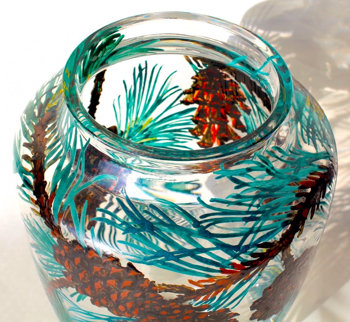 Exceptional Pine Cone Vase, Enameled By The Hand Of Paul Nicolas, Daum Galle Era-photo-4