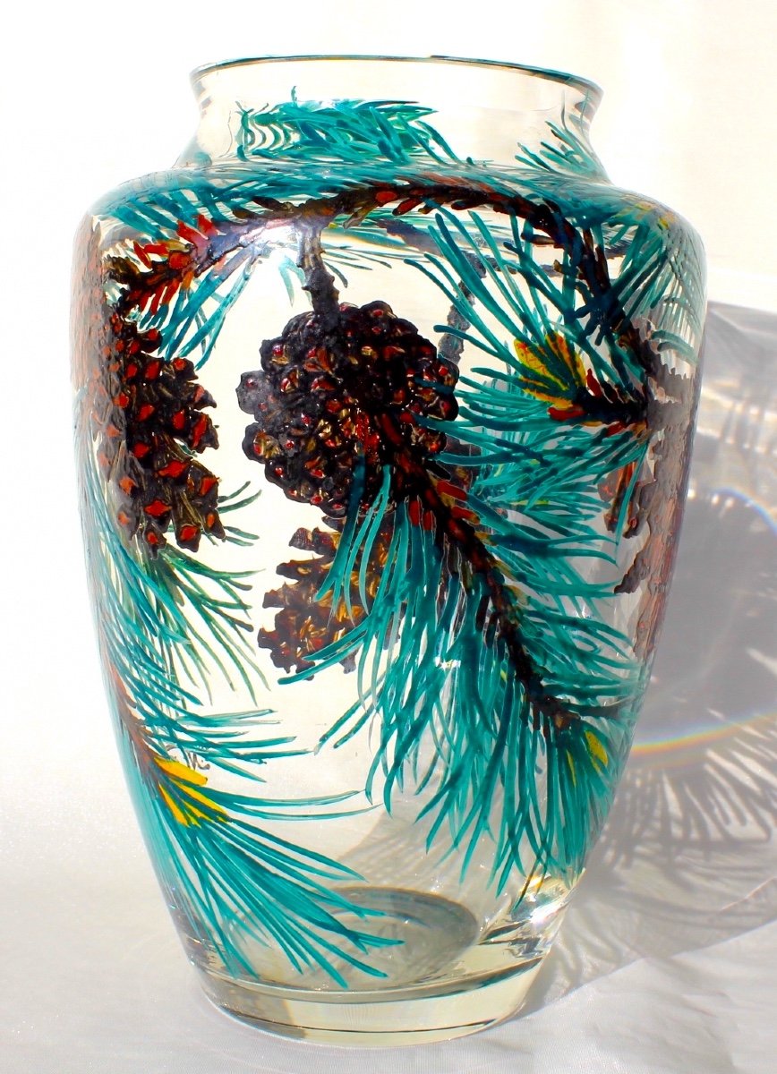 Exceptional Pine Cone Vase, Enameled By The Hand Of Paul Nicolas, Daum Galle Era-photo-1