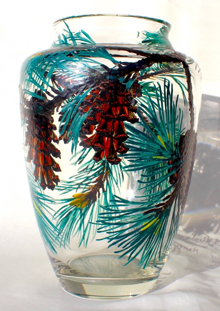 Exceptional Pine Cone Vase, Enameled By The Hand Of Paul Nicolas, Daum Galle Era-photo-2