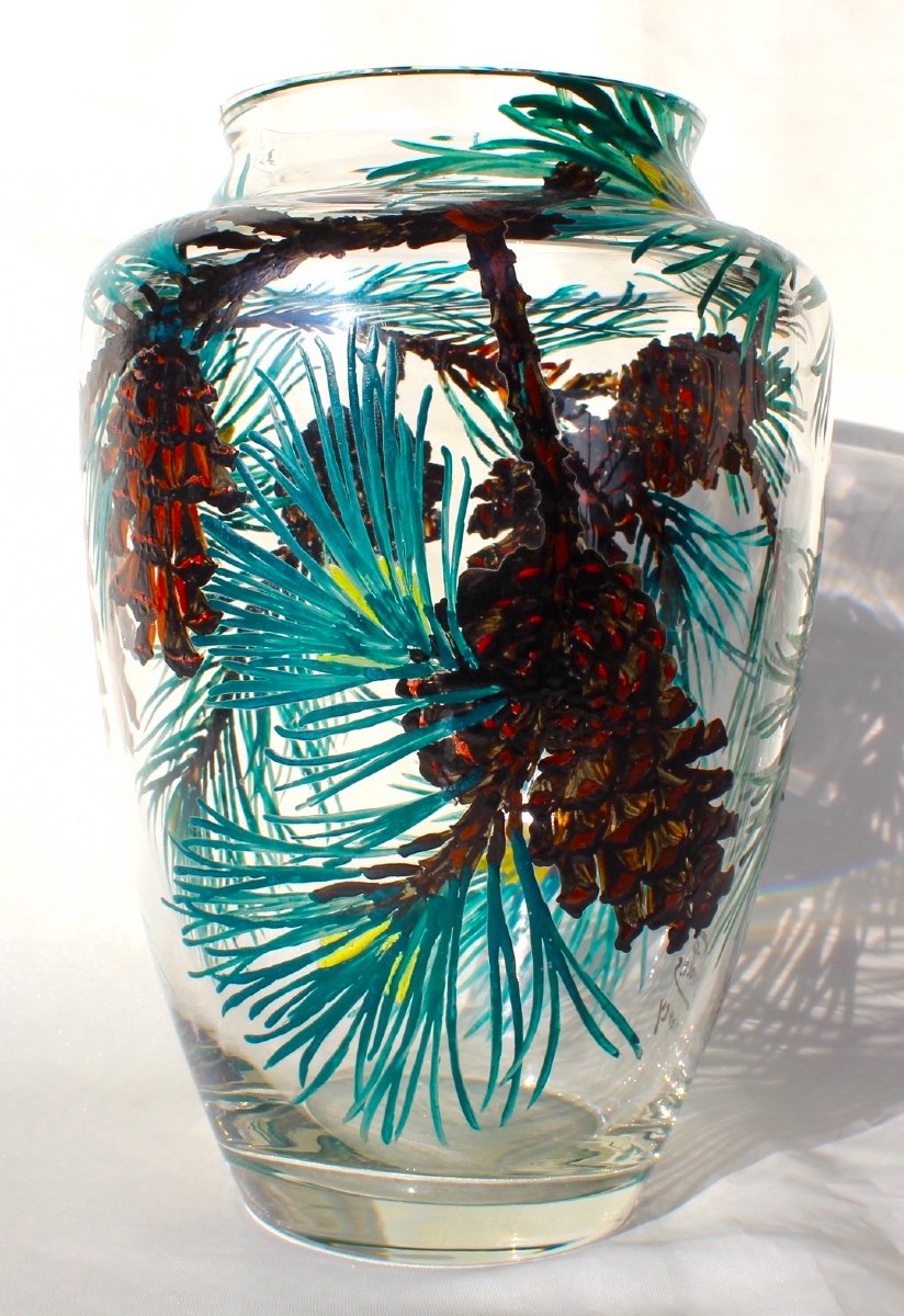 Exceptional Pine Cone Vase, Enameled By The Hand Of Paul Nicolas, Daum Galle Era-photo-3