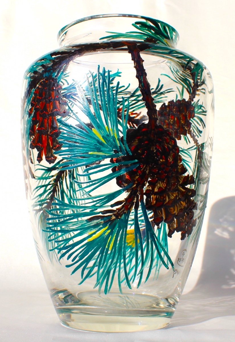 Exceptional Pine Cone Vase, Enameled By The Hand Of Paul Nicolas, Daum Galle Era-photo-4