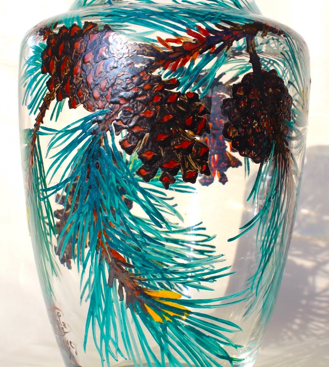 Exceptional Pine Cone Vase, Enameled By The Hand Of Paul Nicolas, Daum Galle Era-photo-5