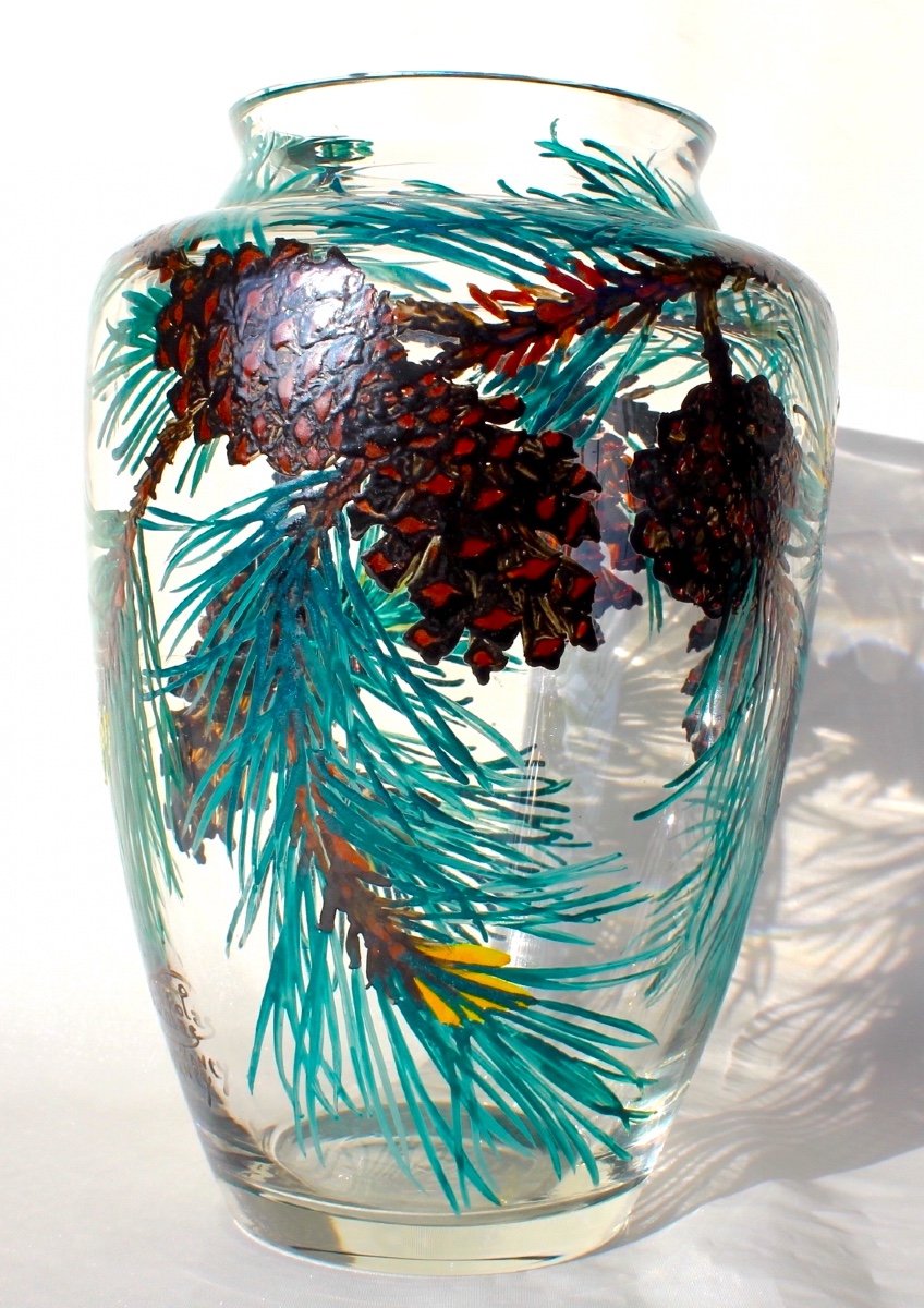 Exceptional Pine Cone Vase, Enameled By The Hand Of Paul Nicolas, Daum Galle Era