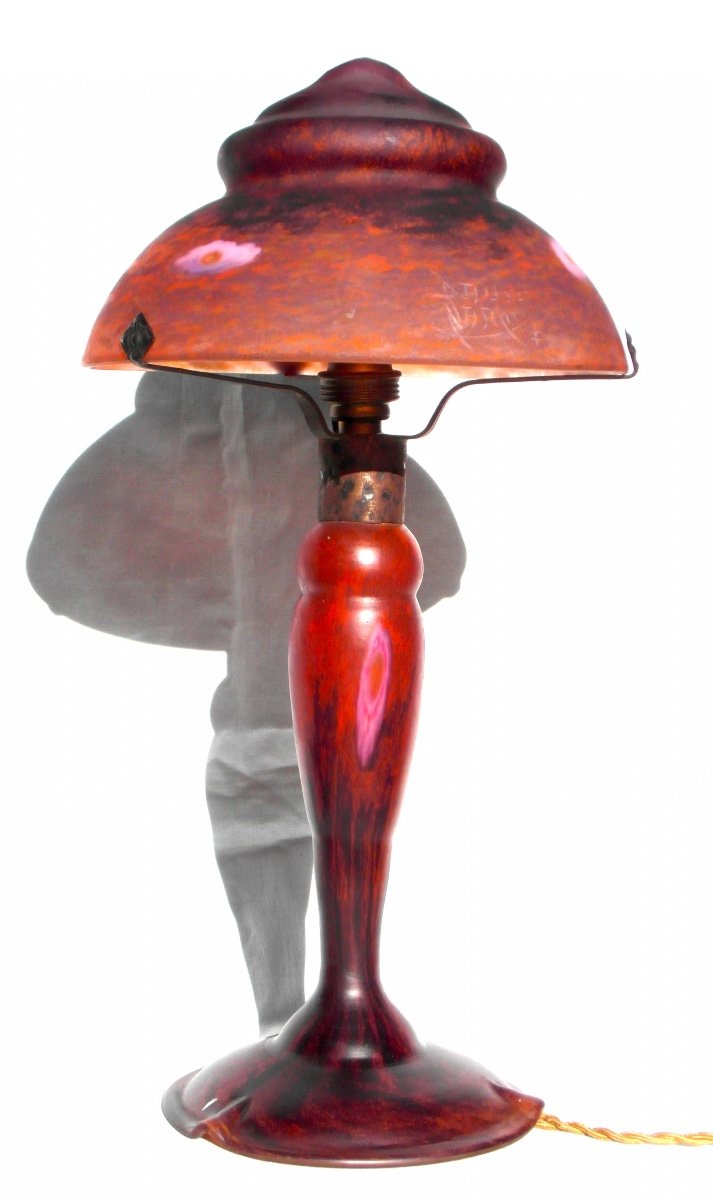 Beautiful And Rare Daum Mushroom Lamp With Intercalary Flowers, Perfect, Galle Era 1900-photo-2