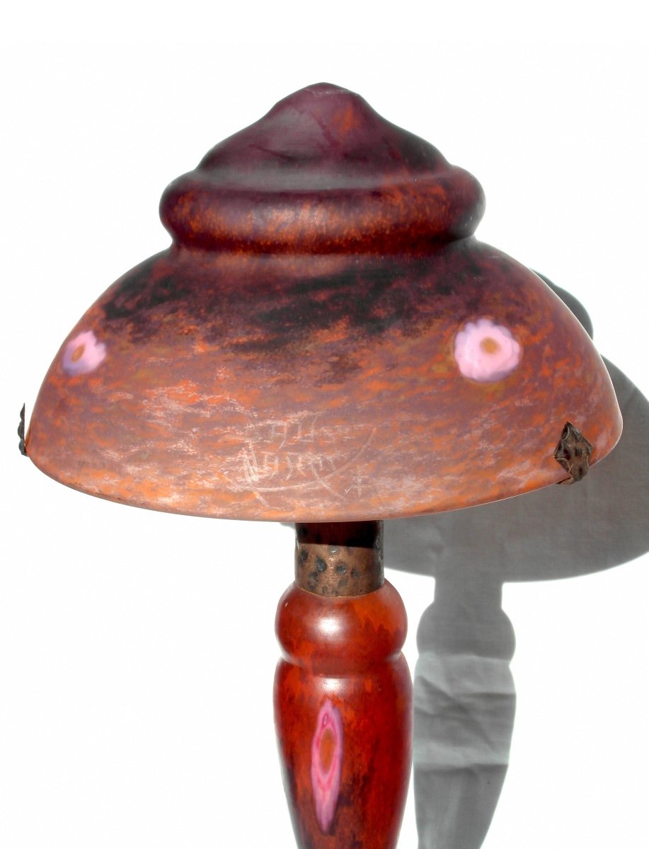 Beautiful And Rare Daum Mushroom Lamp With Intercalary Flowers, Perfect, Galle Era 1900-photo-1