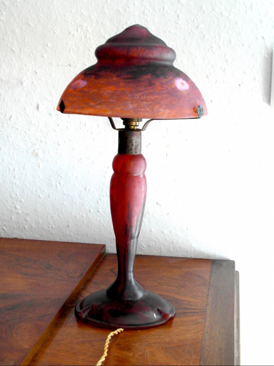 Beautiful And Rare Daum Mushroom Lamp With Intercalary Flowers, Perfect, Galle Era 1900-photo-2