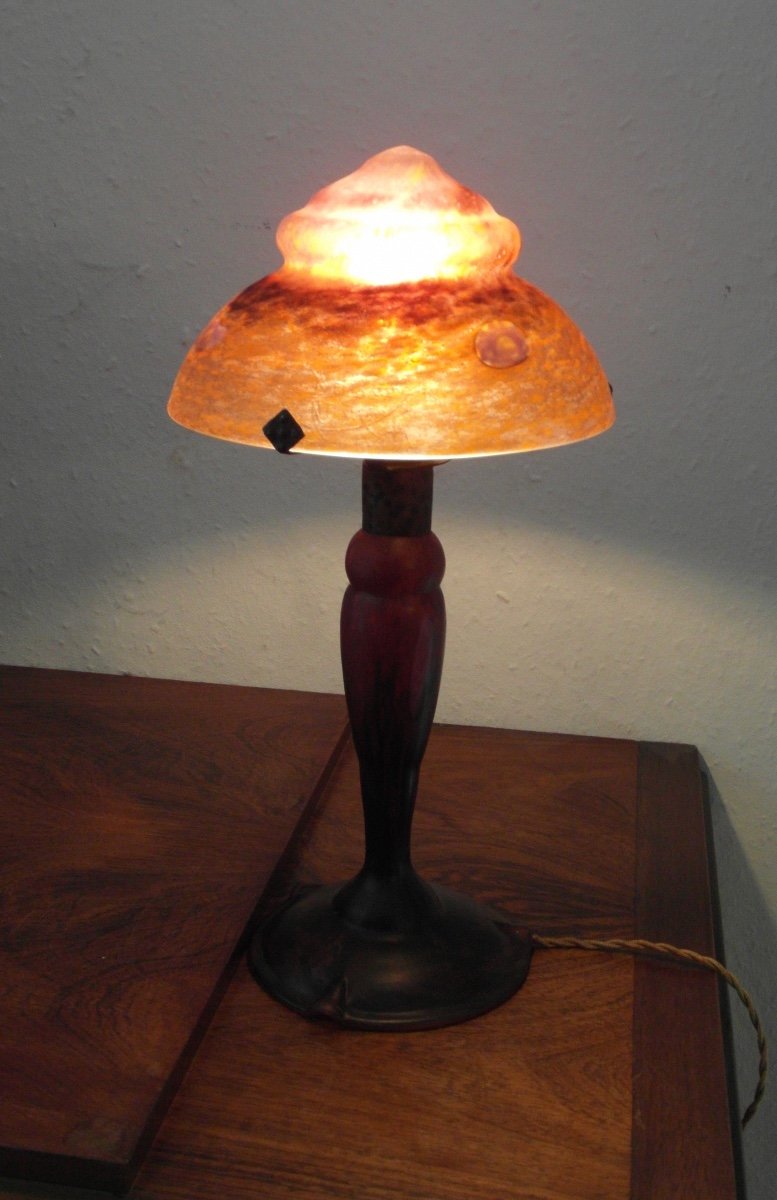 Beautiful And Rare Daum Mushroom Lamp With Intercalary Flowers, Perfect, Galle Era 1900-photo-3