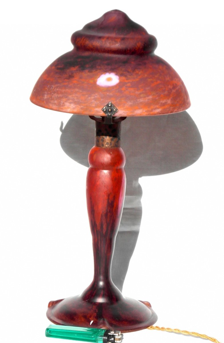 Beautiful And Rare Daum Mushroom Lamp With Intercalary Flowers, Perfect, Galle Era 1900-photo-4