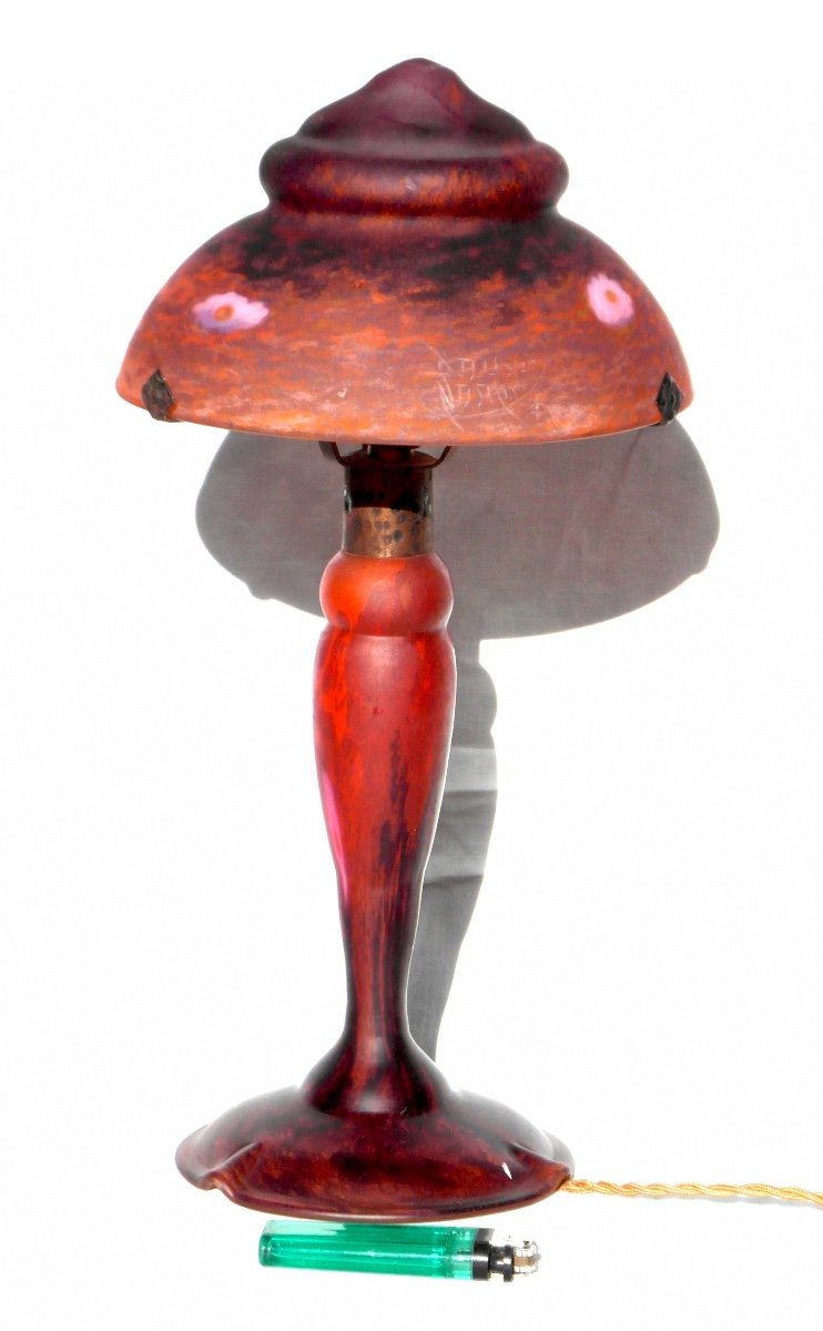 Beautiful And Rare Daum Mushroom Lamp With Intercalary Flowers, Perfect, Galle Era 1900