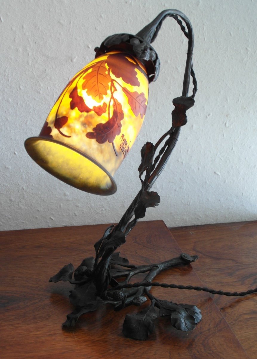 Superbe Lampe 1900 Avec Tulipe Et Pied Au Chêne Par Muller Et Louis Van Boeckel, Era Daum -photo-7