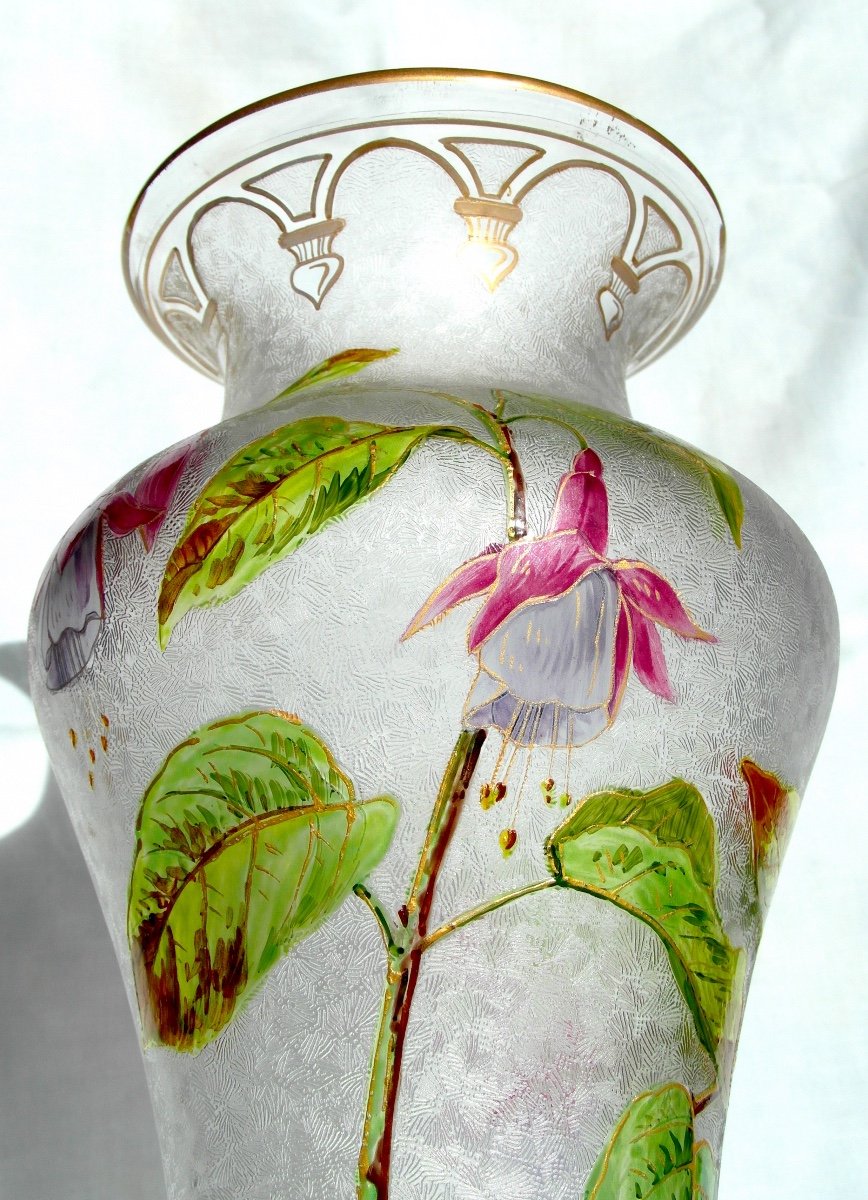 Superb Baccarat Vase With Fuchsia Decor, Acid Etched, Daum Galle Era 1900-photo-3