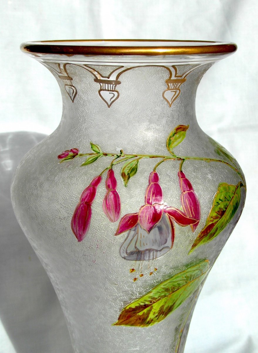 Superb Baccarat Vase With Fuchsia Decor, Acid Etched, Daum Galle Era 1900-photo-4