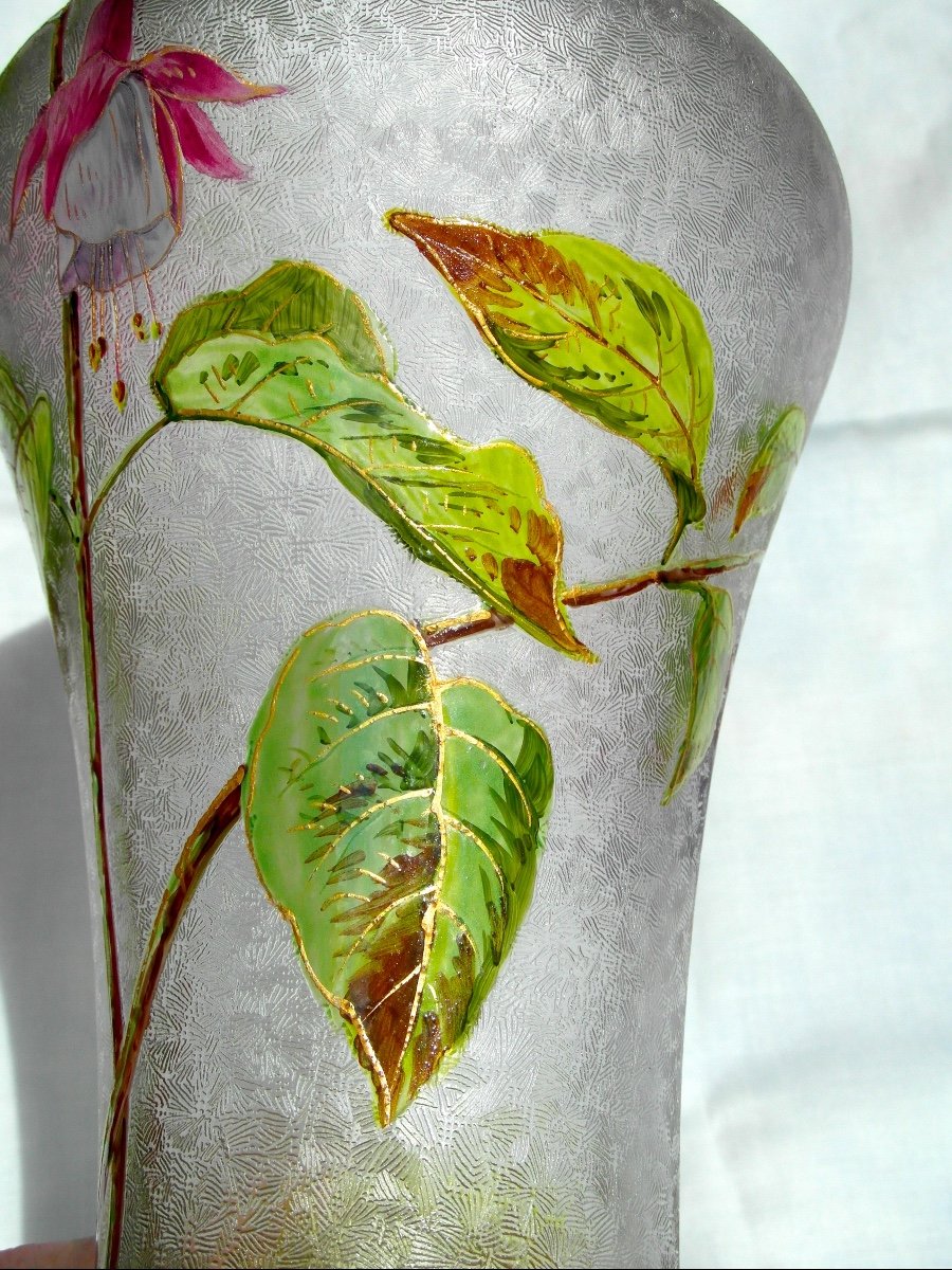 Superb Baccarat Vase With Fuchsia Decor, Acid Etched, Daum Galle Era 1900-photo-1