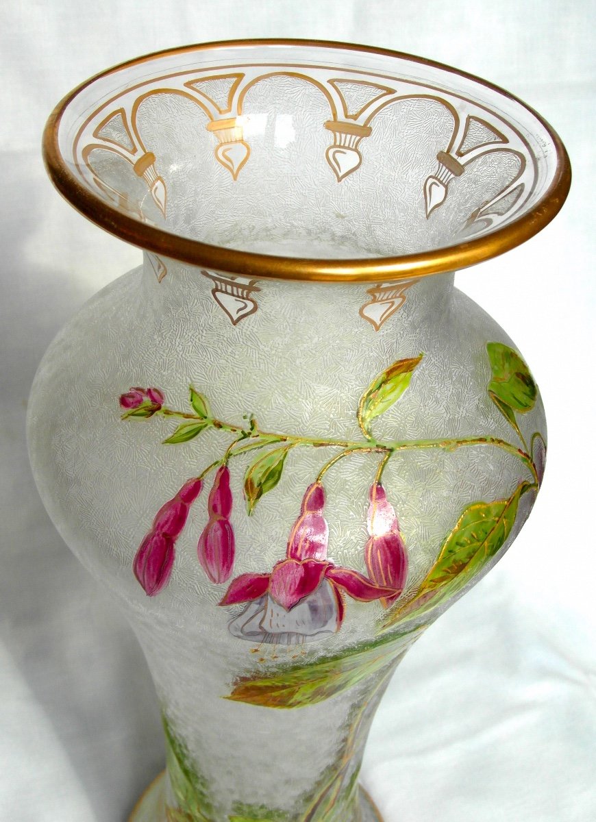 Superb Baccarat Vase With Fuchsia Decor, Acid Etched, Daum Galle Era 1900-photo-4