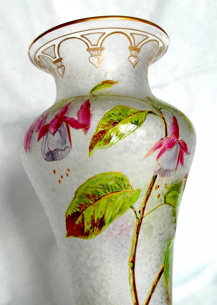 Superb Baccarat Vase With Fuchsia Decor, Acid Etched, Daum Galle Era 1900-photo-5